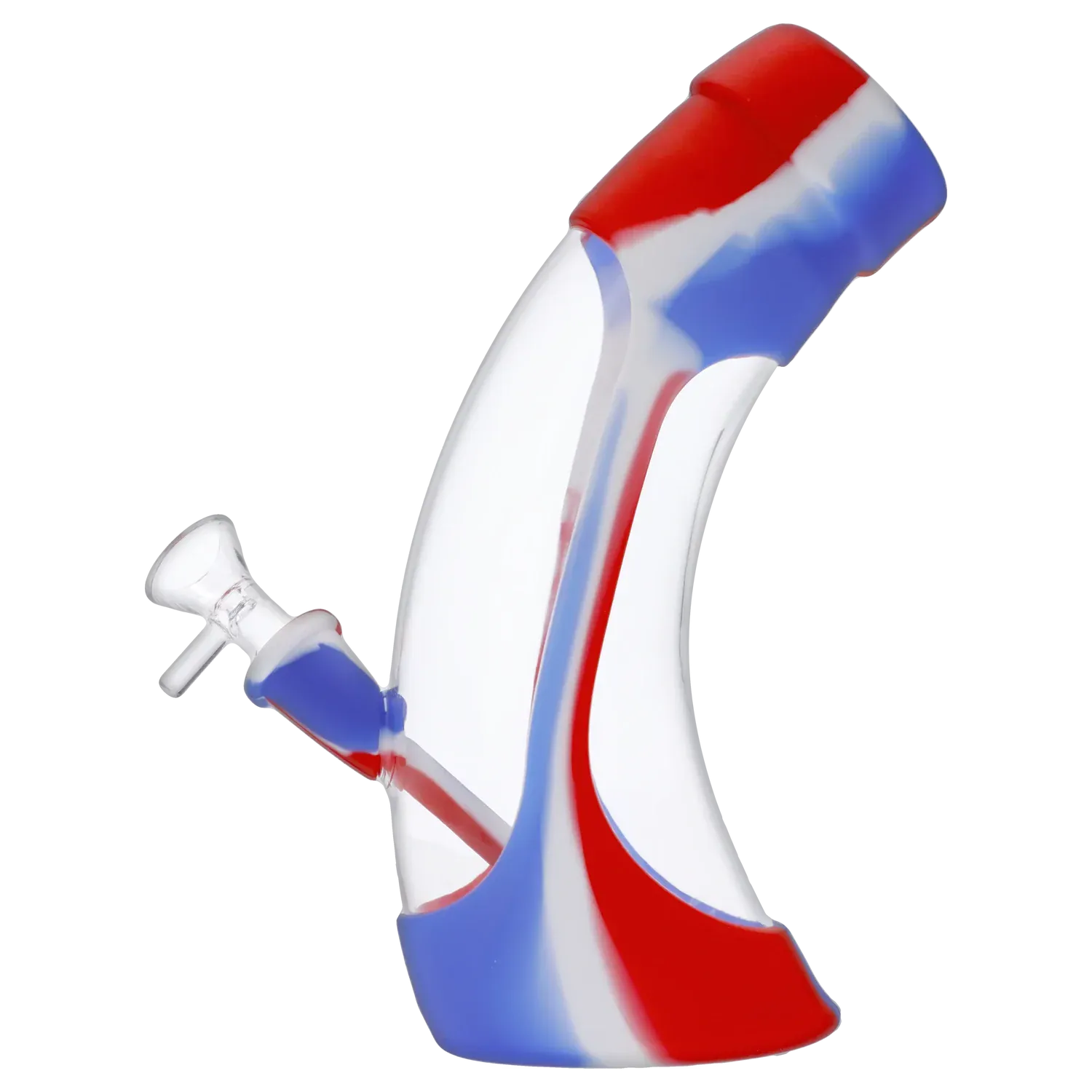 Angled side view of the Valiant Silicone & Acrylic Water Pipe - Assorted - 8.5in. showing its curved white body with red and blue swirled accents and a clear glass bowl.