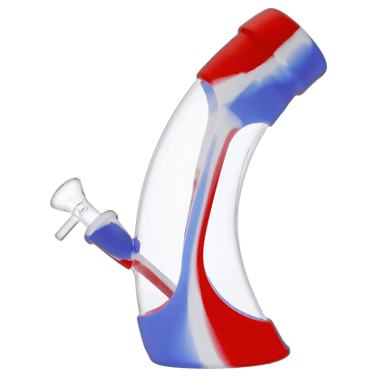 Angled side view of the Valiant Silicone & Acrylic Water Pipe - Assorted - 8.5in. showing its curved white body with red and blue swirled accents and a clear glass bowl.