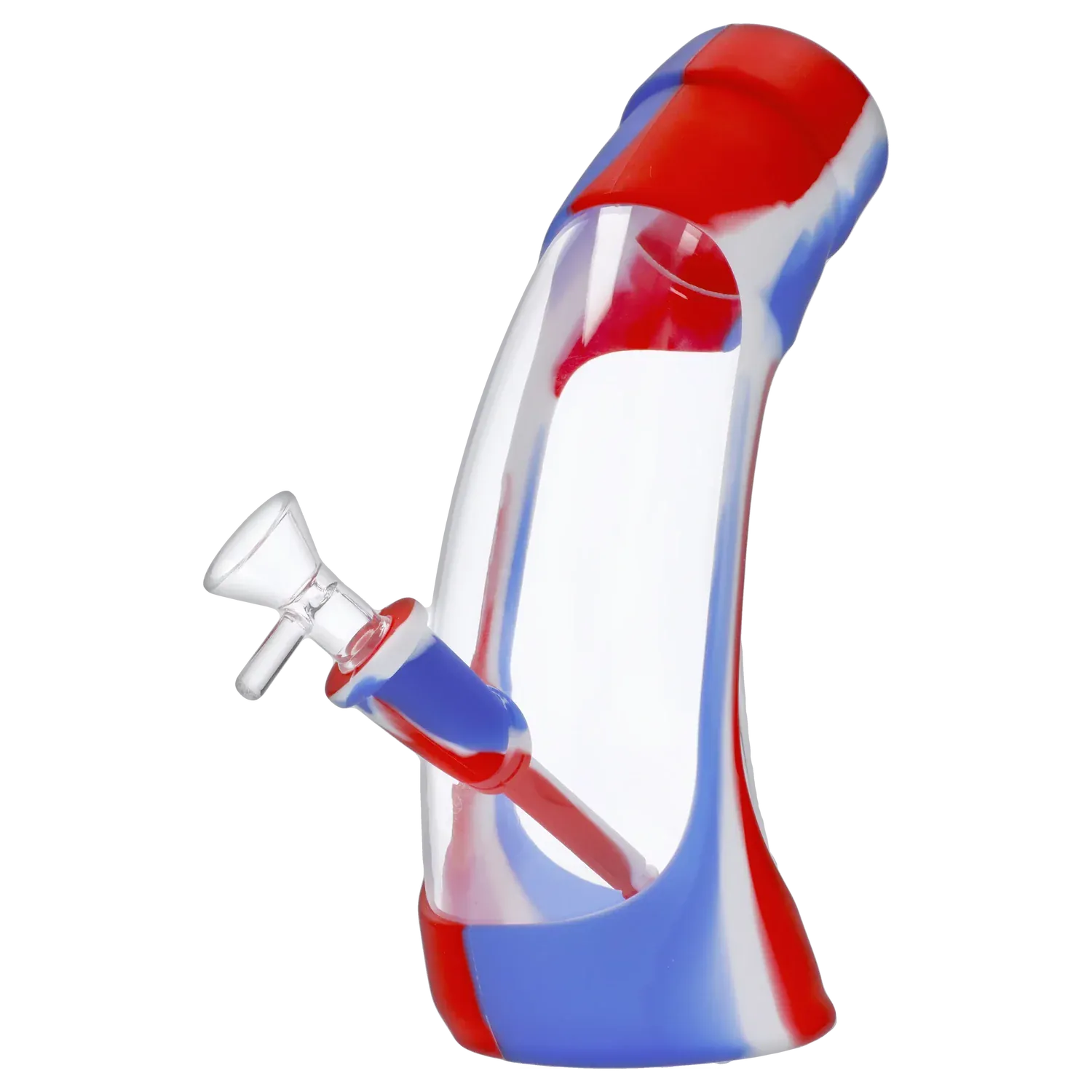 Angled close-up of the Valiant Silicone & Acrylic Water Pipe - Assorted - 8.5in. showing red, white, and blue swirled body and glass bowl.