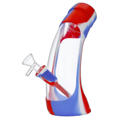 Angled close-up of the Valiant Silicone & Acrylic Water Pipe - Assorted - 8.5in. showing red, white, and blue swirled body and glass bowl.
