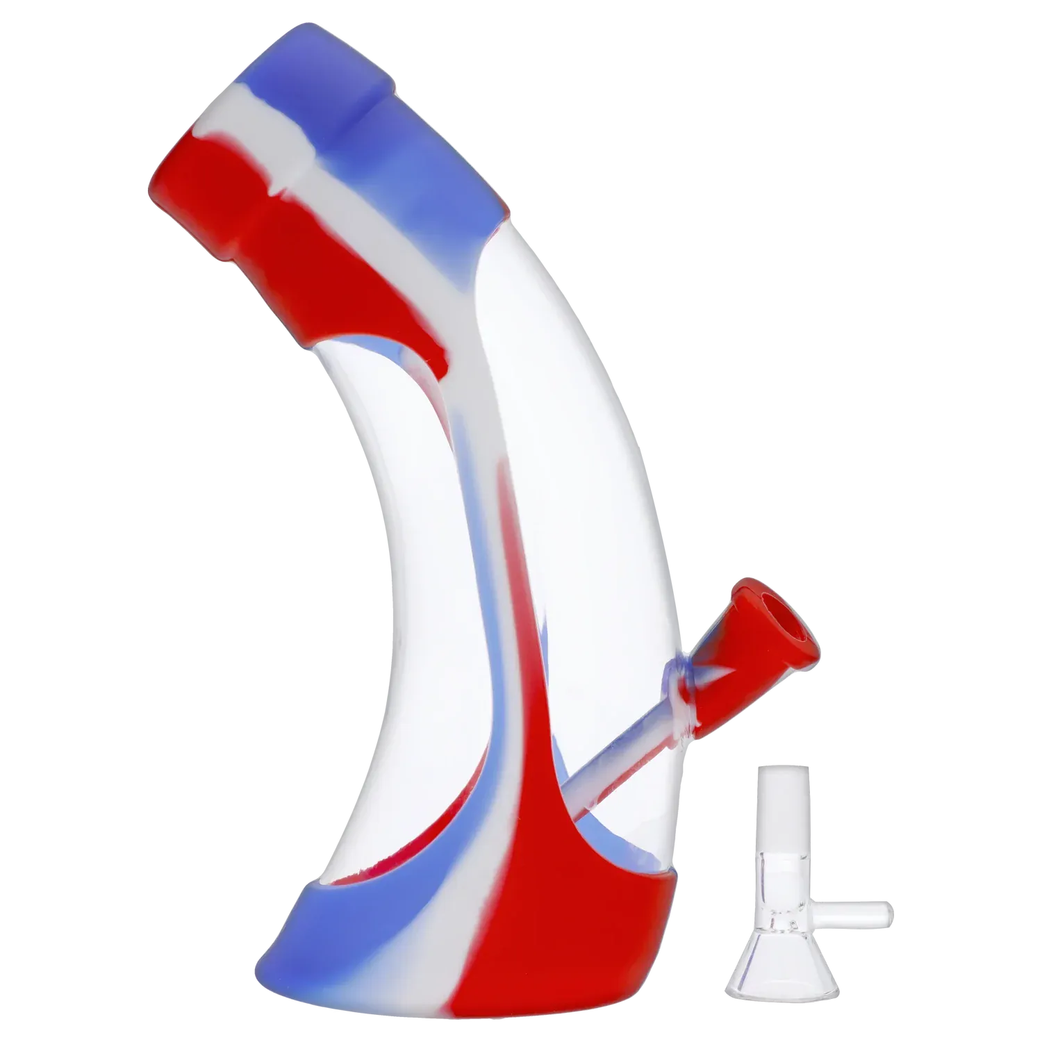 Angled close-up of the Valiant Silicone & Acrylic Water Pipe - Assorted - 8.5in. showing red, white, and blue swirls and its angled mouthpiece against a white background