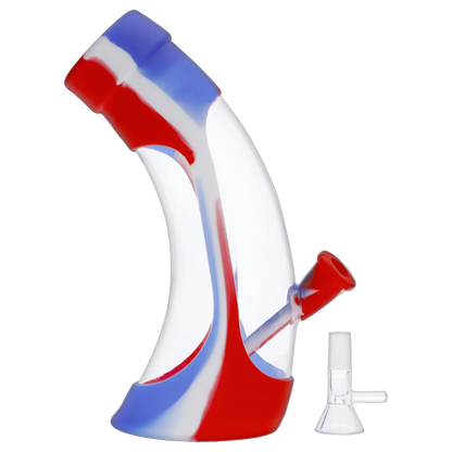 Angled close-up of the Valiant Silicone & Acrylic Water Pipe - Assorted - 8.5in. showing red, white, and blue swirls and its angled mouthpiece against a white background