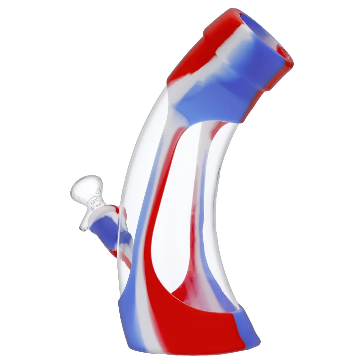 Angled side view of the Valiant Silicone & Acrylic Water Pipe - Assorted - 8.5in. showing red, white, and blue swirled patterns and its curved mouthpiece.