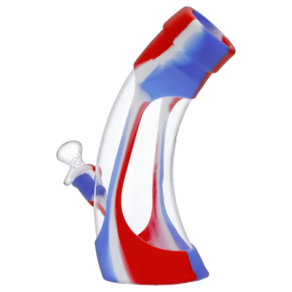 Angled side view of the Valiant Silicone & Acrylic Water Pipe - Assorted - 8.5in. showing red, white, and blue swirled patterns and its curved mouthpiece.