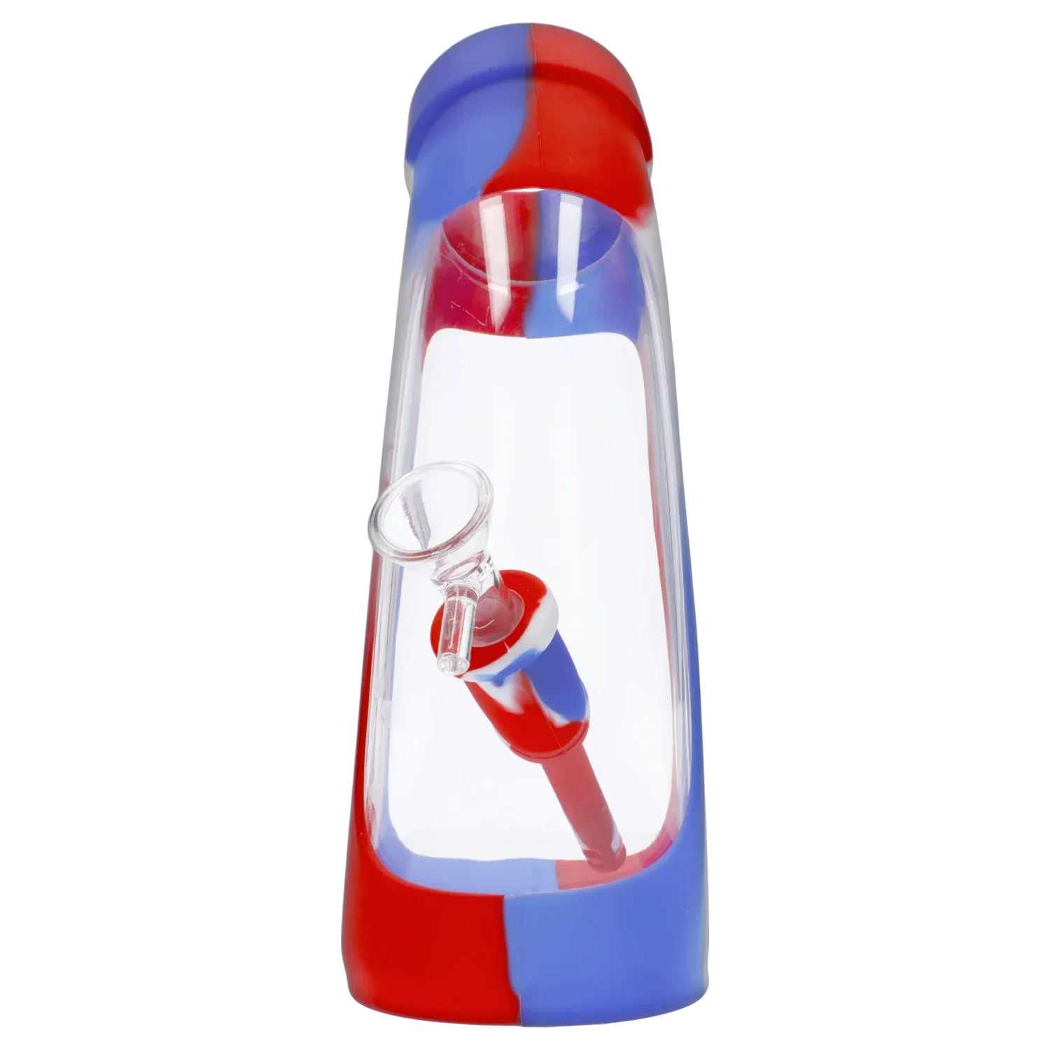 Top-down view of the Valiant Silicone & Acrylic Water Pipe - Assorted - 8.5in. showing its red and blue swirled silicone base and clear acrylic chamber with angled downstem.