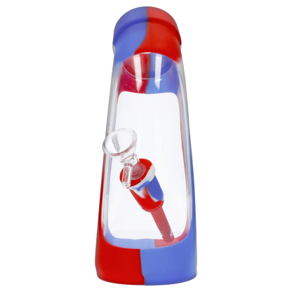 Top-down view of the Valiant Silicone & Acrylic Water Pipe - Assorted - 8.5in. showing its red and blue swirled silicone base and clear acrylic chamber with angled downstem.