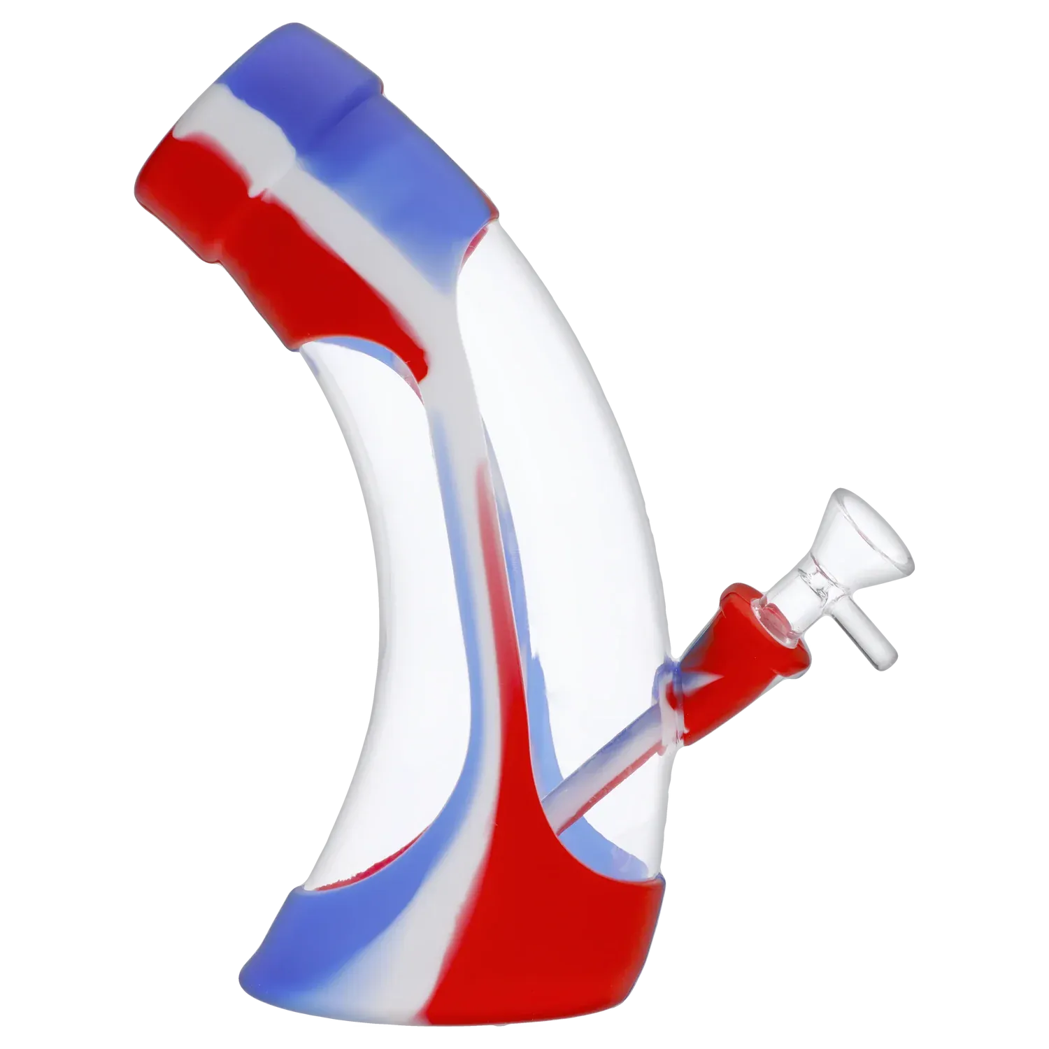 Angled close-up of the Valiant Silicone & Acrylic Water Pipe - Assorted - 8.5in. showing red, white, and blue swirls and the glass bowl joint.