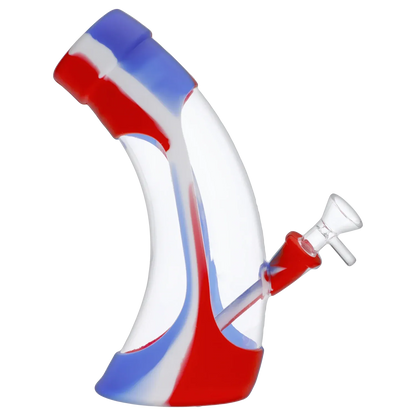 Angled close-up of the Valiant Silicone & Acrylic Water Pipe - Assorted - 8.5in. showing red, white, and blue swirls and the glass bowl joint.