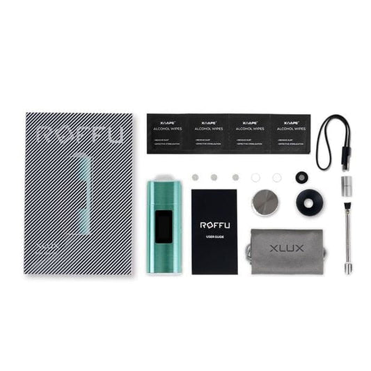 The XVape XLUX Roffu - Air Blue - Lite Kit is displayed with its packaging and accessories in a flat lay composition.