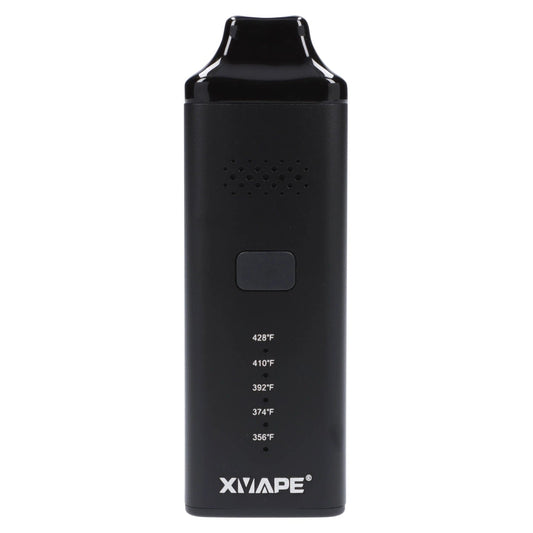 Front view of the black XVape Avant Dry Herb Vaporizer & Screen Set, showcasing its sleek, cylindrical shape against a plain white background.