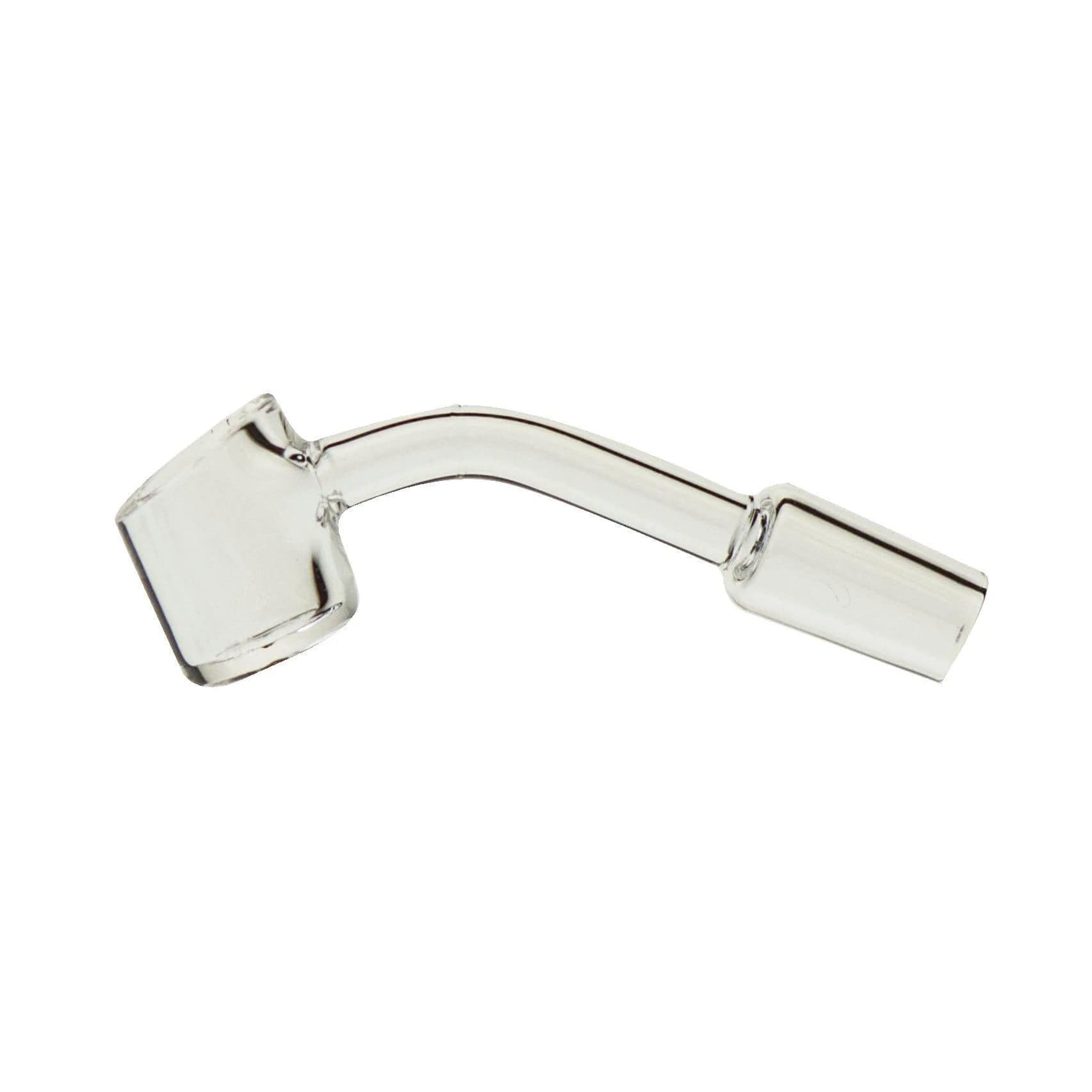 A close-up, angled view of the Valiant Quartz Banger, showcasing its clear glass construction and 45-degree angle.
