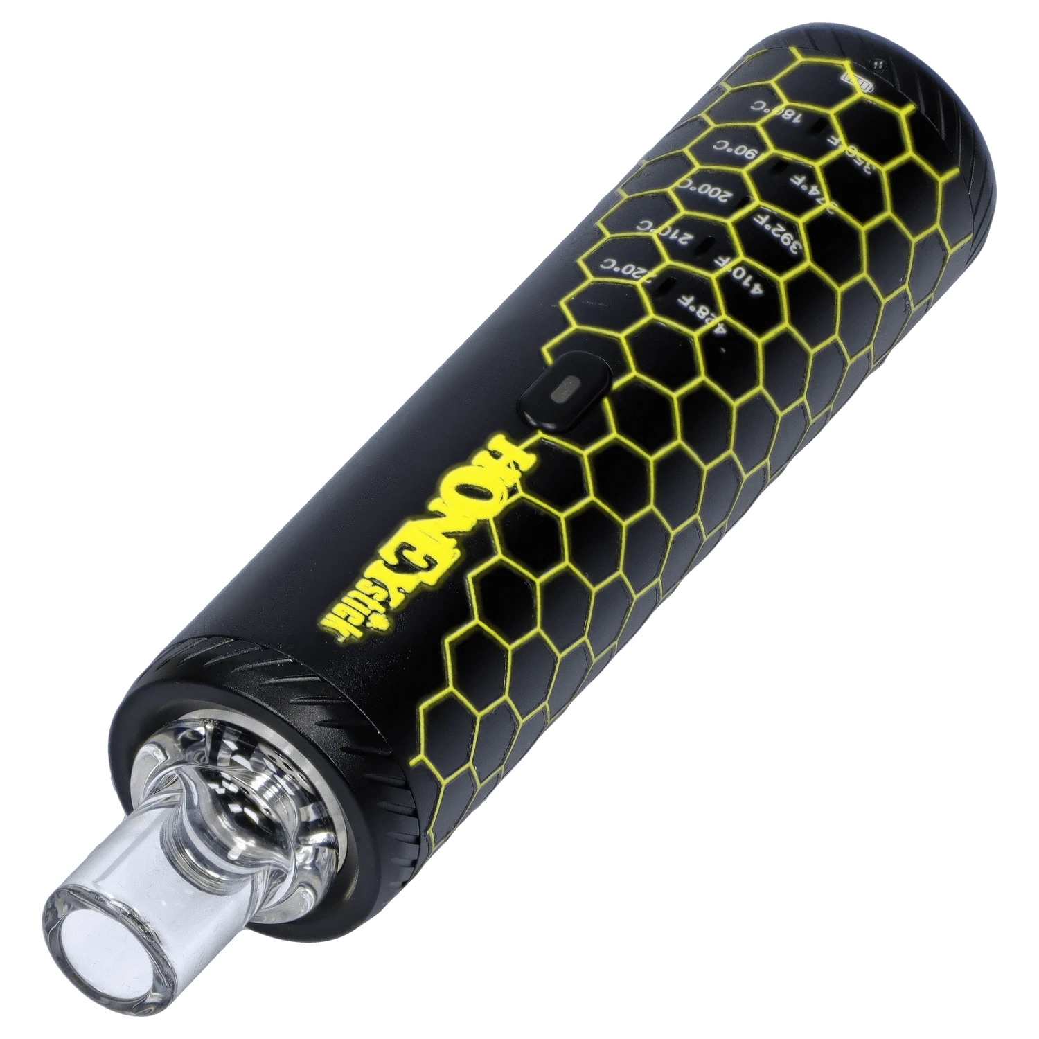 Close-up of the HoneyStick HRB, showcasing its textured black exterior and visible mouthpiece detail.