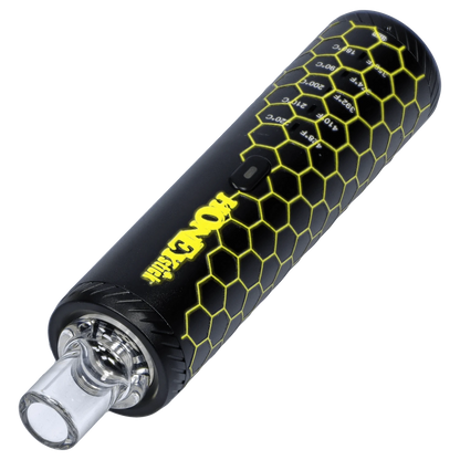 Close-up of the HoneyStick HRB, showcasing its textured black exterior and visible mouthpiece detail.