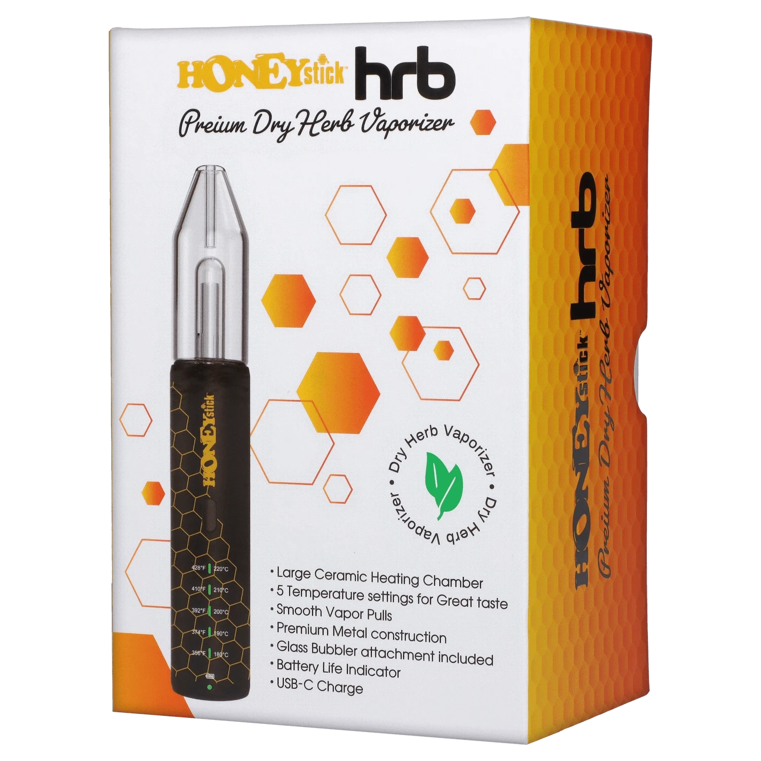 Front view of the HoneyStick HRB vaporizer with text overlay, highlighting a metallic finish and angled design.