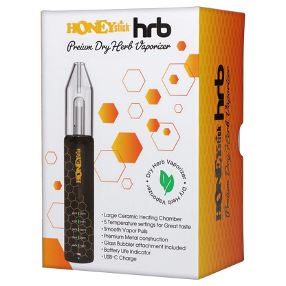 Front view of the HoneyStick HRB vaporizer with text overlay, highlighting a metallic finish and angled design.