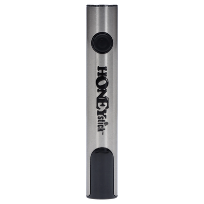Vertical close-up of the HoneyStick Digital Battery - Silver Carton showing its brushed silver body, two black circular buttons and centered logo.