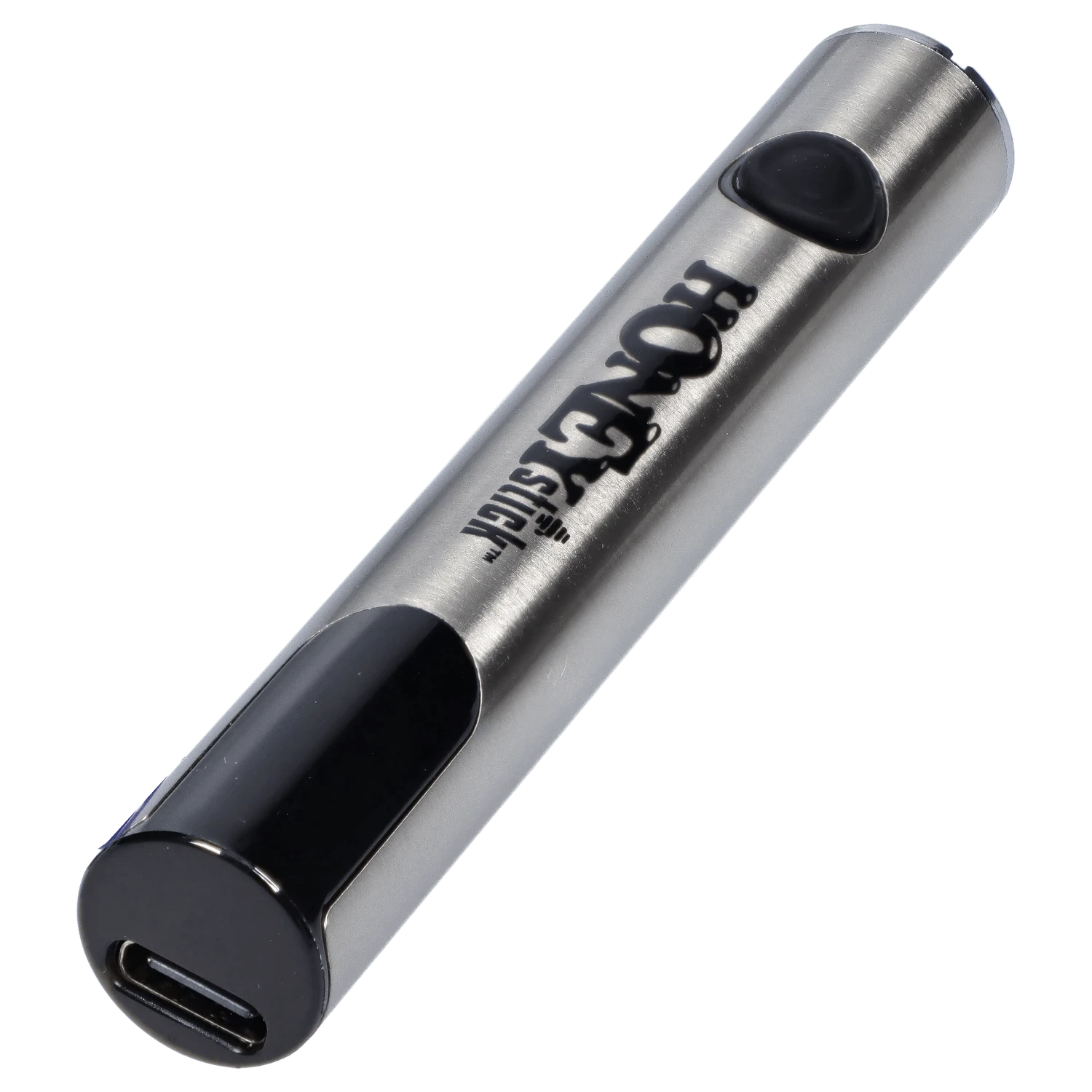Angled close-up of the silver HoneyStick Digital Battery - Silver Carton showing its brushed metal tube, black button and USB-C charging end.