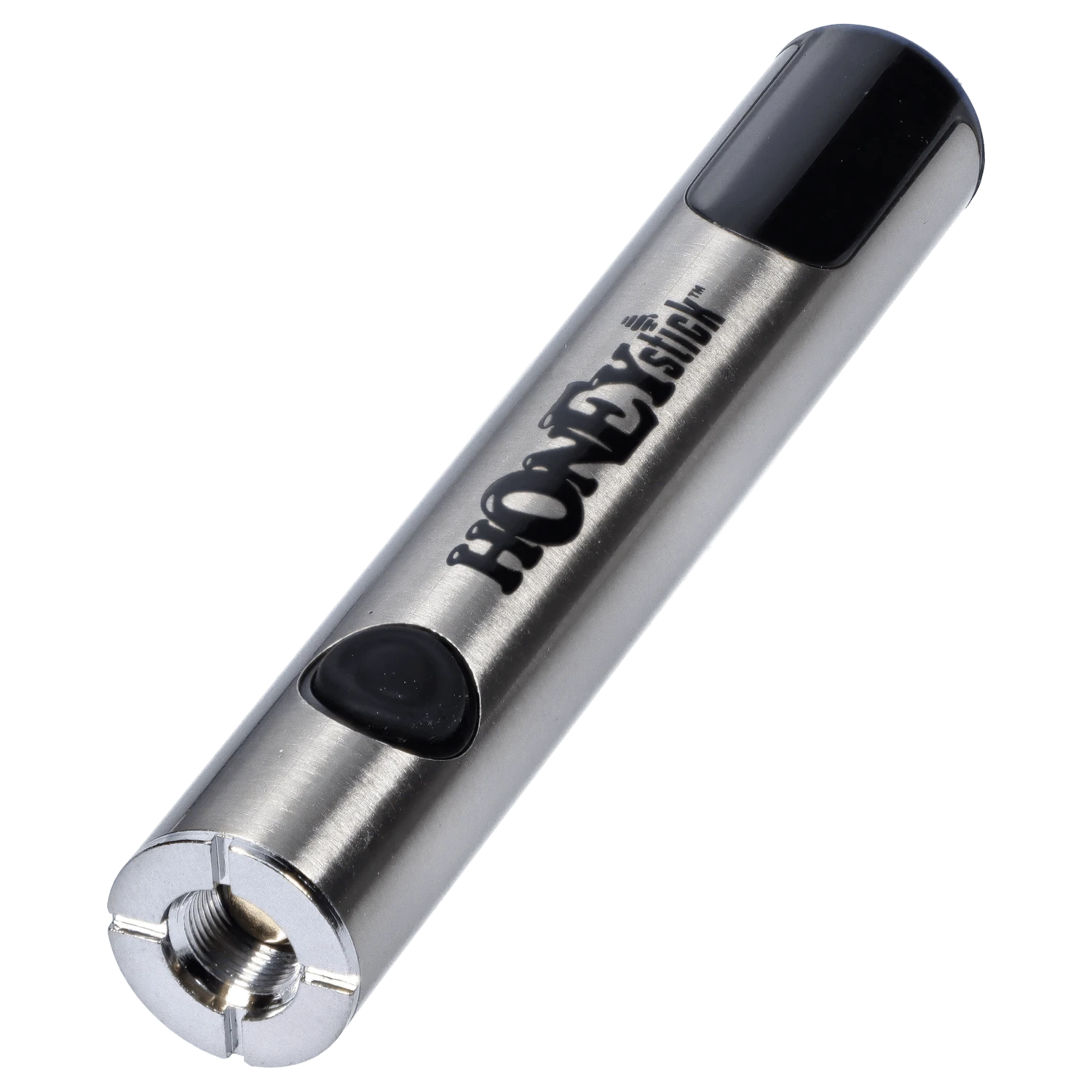 Angled close-up of the silver HoneyStick Digital Battery - Silver Carton showing its brushed metal body, black button, and rounded black tip.