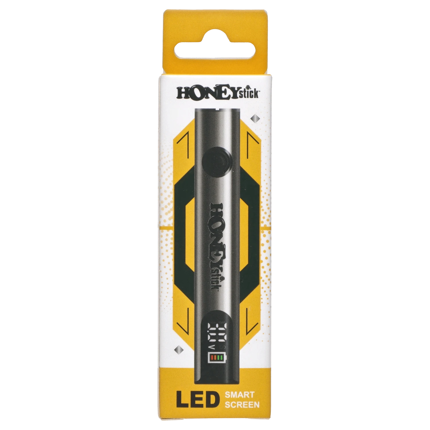 Top-down view of the Silver HoneyStick Digital Battery in its yellow and white hanging carton, showing the pen front and LED display.