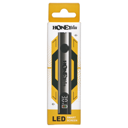 Top-down view of the Silver HoneyStick Digital Battery in its yellow and white hanging carton, showing the pen front and LED display.