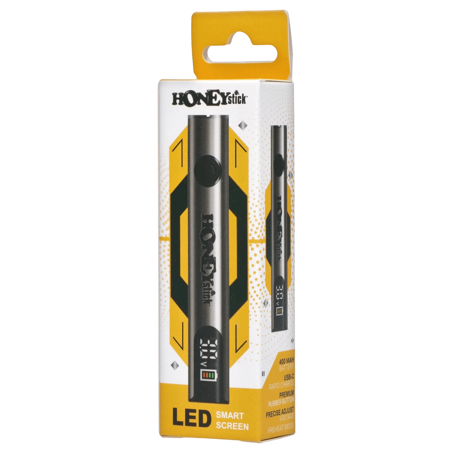 Tall frontal view of the HoneyStick Digital Battery - Silver Carton showing the silver pen image and yellow-white packaging with LED screen graphics.