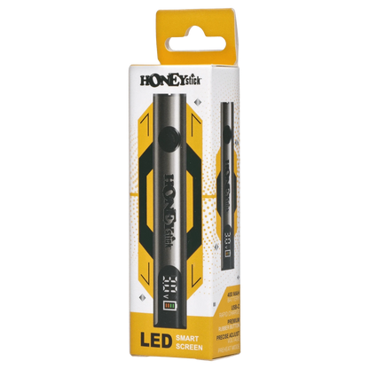 Tall frontal view of the HoneyStick Digital Battery - Silver Carton showing the silver pen image and yellow-white packaging with LED screen graphics.