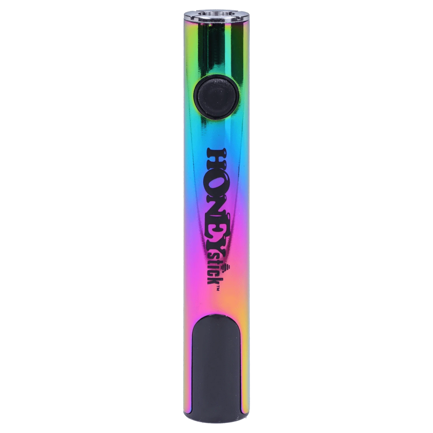 Straight-on view of a rainbow-finish HoneyStick Digital Battery - Multi Carton showing its circular power button and vertical logo on a plain background
