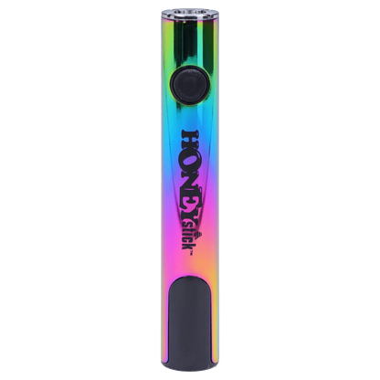 Straight-on view of a rainbow-finish HoneyStick Digital Battery - Multi Carton showing its circular power button and vertical logo on a plain background