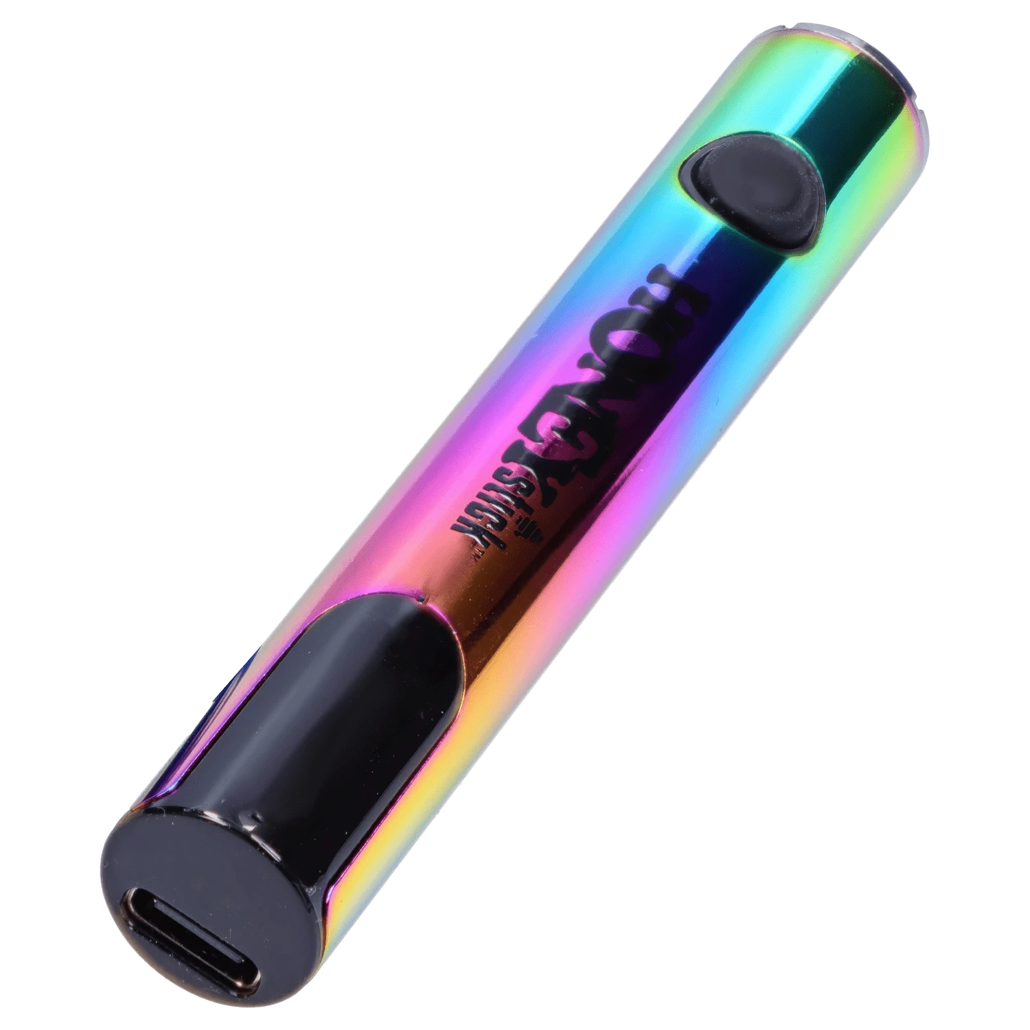 Angled close-up of the iridescent HoneyStick Digital Battery - Multi Carton showing its rounded USB-C base, black button, and reflective rainbow finish