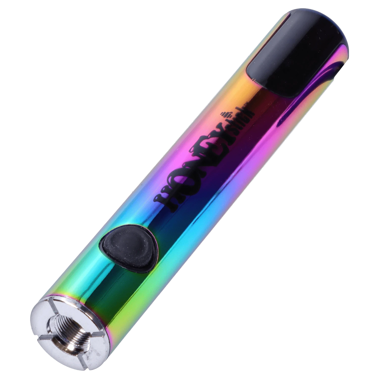 Angled close-up of a rainbow-metal HoneyStick Digital Battery - Multi Carton showing its black mouthpiece, activation button, and threaded metal base.