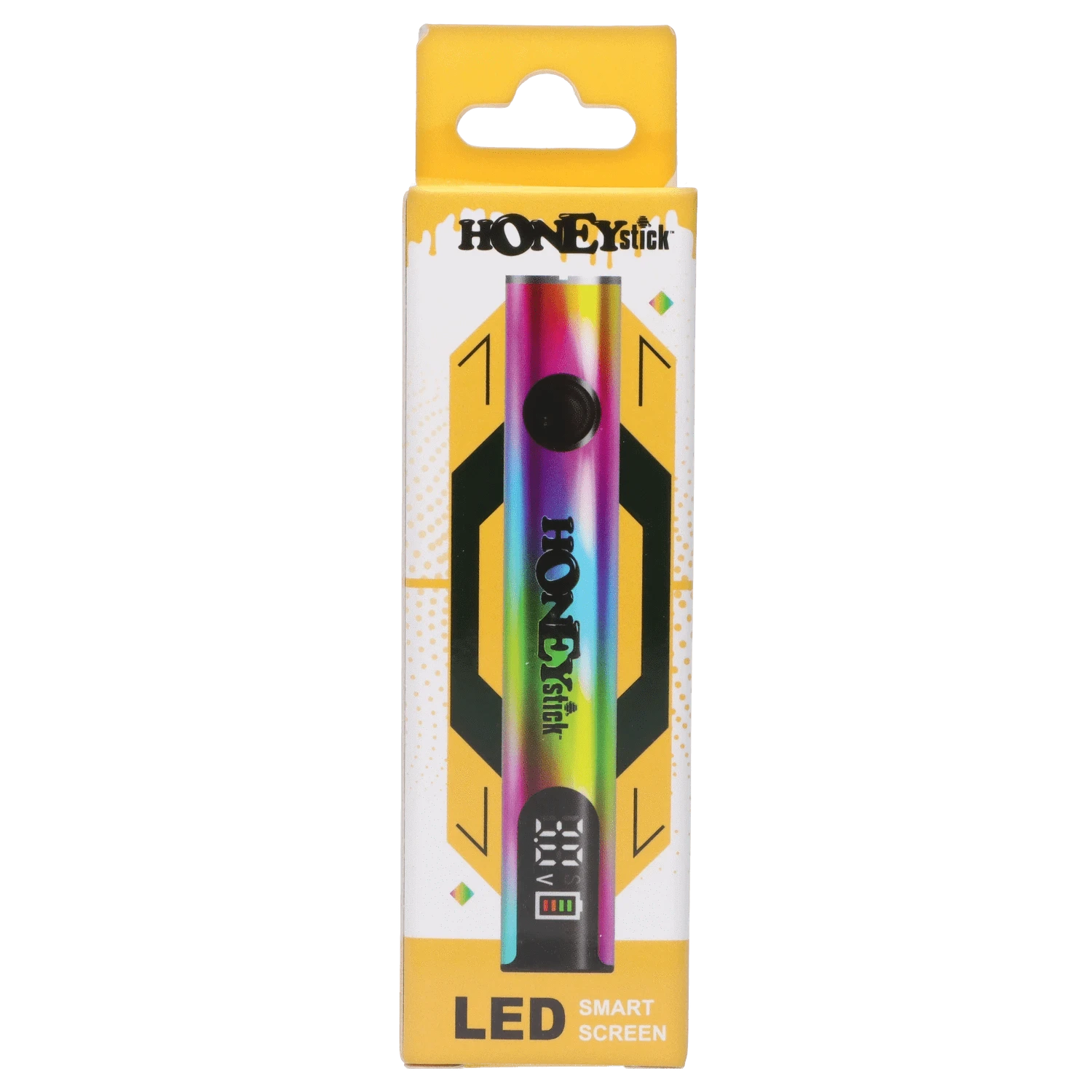 Top-down view of the rainbow-finish HoneyStick Digital Battery - Multi Carton centered on yellow and white branded packaging with an LED display at the base.