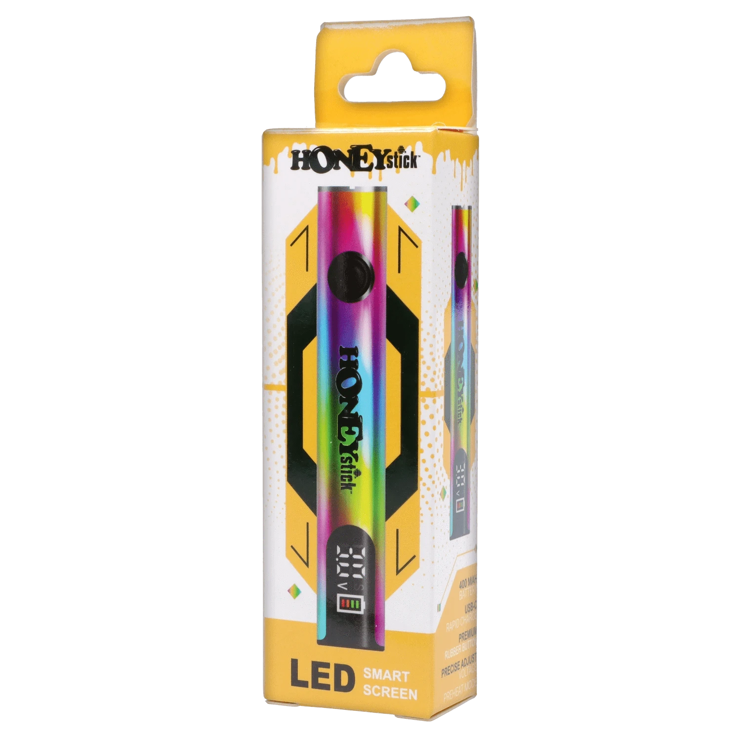 Tall product shot of the HoneyStick Digital Battery - Multi Carton showing a rainbow-colored battery printed on yellow-and-white branded packaging.