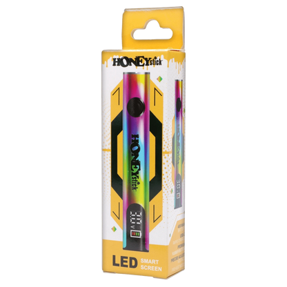 Tall product shot of the HoneyStick Digital Battery - Multi Carton showing a rainbow-colored battery printed on yellow-and-white branded packaging.