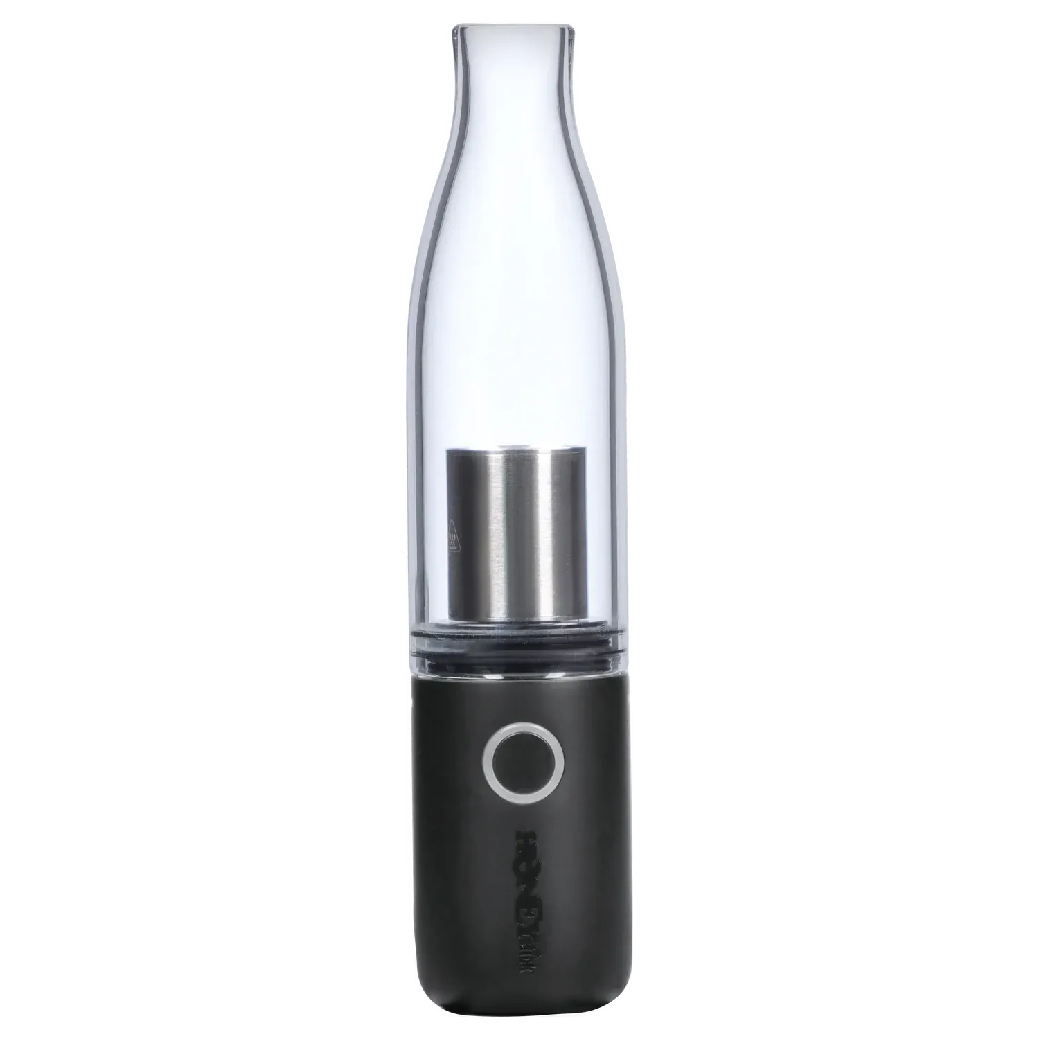 Vertical close-up of the HNY HoneyStick Lil Ripper showing its clear tapered mouthpiece and black body with a single circular button.