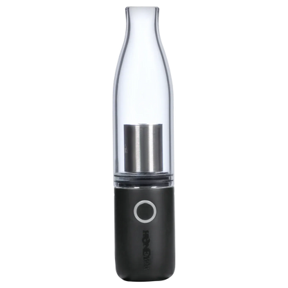 Vertical close-up of the HNY HoneyStick Lil Ripper showing its clear tapered mouthpiece and black body with a single circular button.