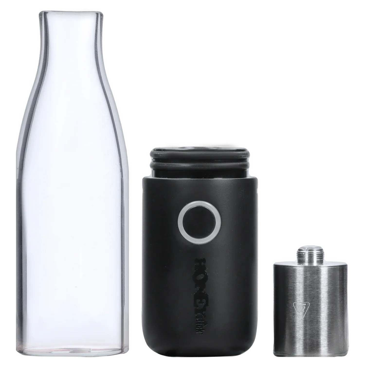 Close-up front view of the disassembled HNY HoneyStick Lil Ripper showing its clear glass mouthpiece, black battery body with circular button, and stainless steel chamber.