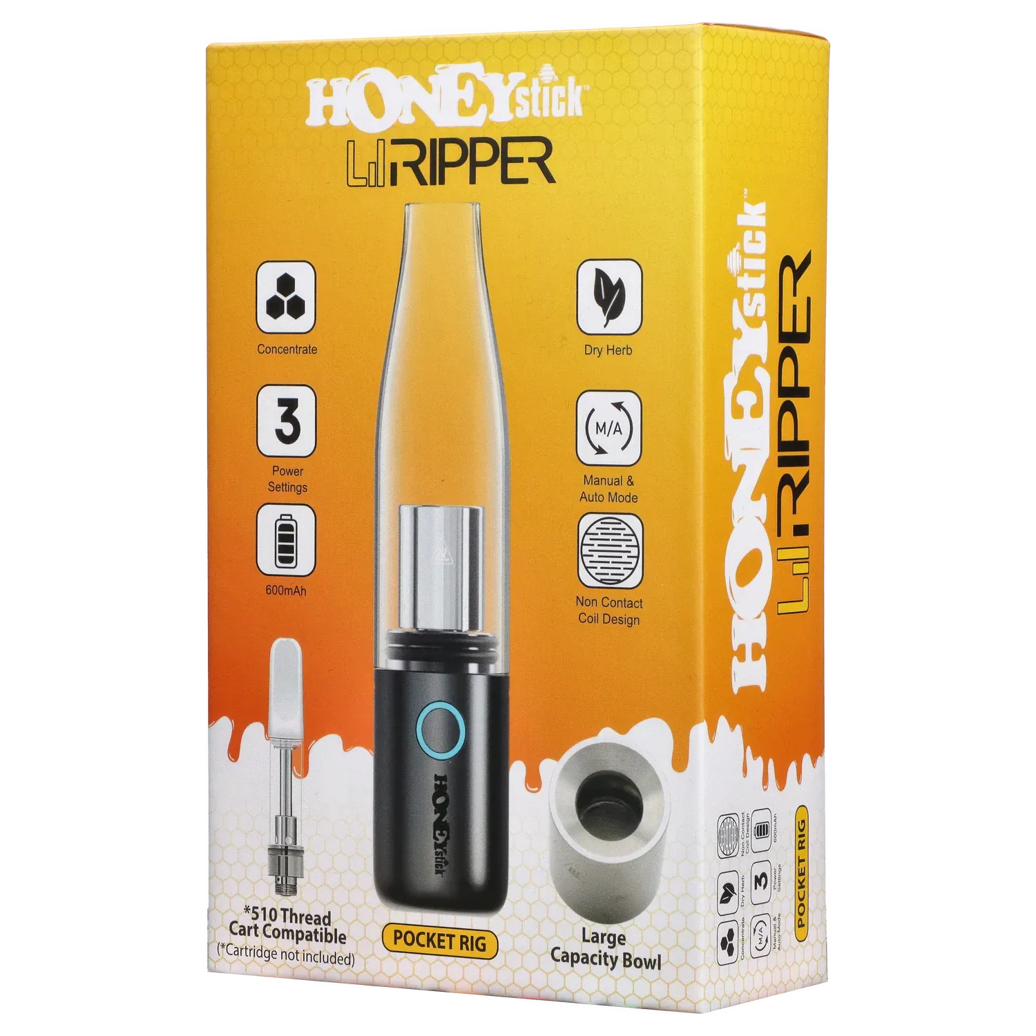 Close-up front shot of the orange-packaged HNY HoneyStick Lil Ripper showing the black pocket rig device with glass mouthpiece and icons.