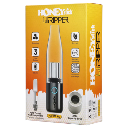 Close-up front shot of the orange-packaged HNY HoneyStick Lil Ripper showing the black pocket rig device with glass mouthpiece and icons.
