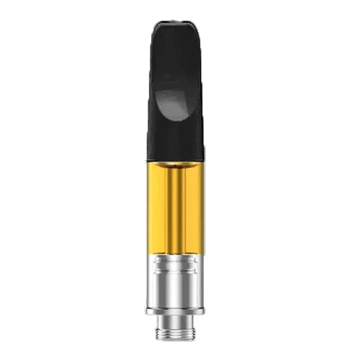 A close-up studio shot of the Hash Rosin Vape Cartridge with a silver base and transparent body, angled slightly against a white background.