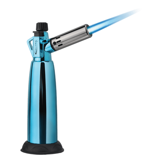 A studio shot of the Vector Warhead Torch in neon blue and black, angled slightly from above to showcase its sleek design.