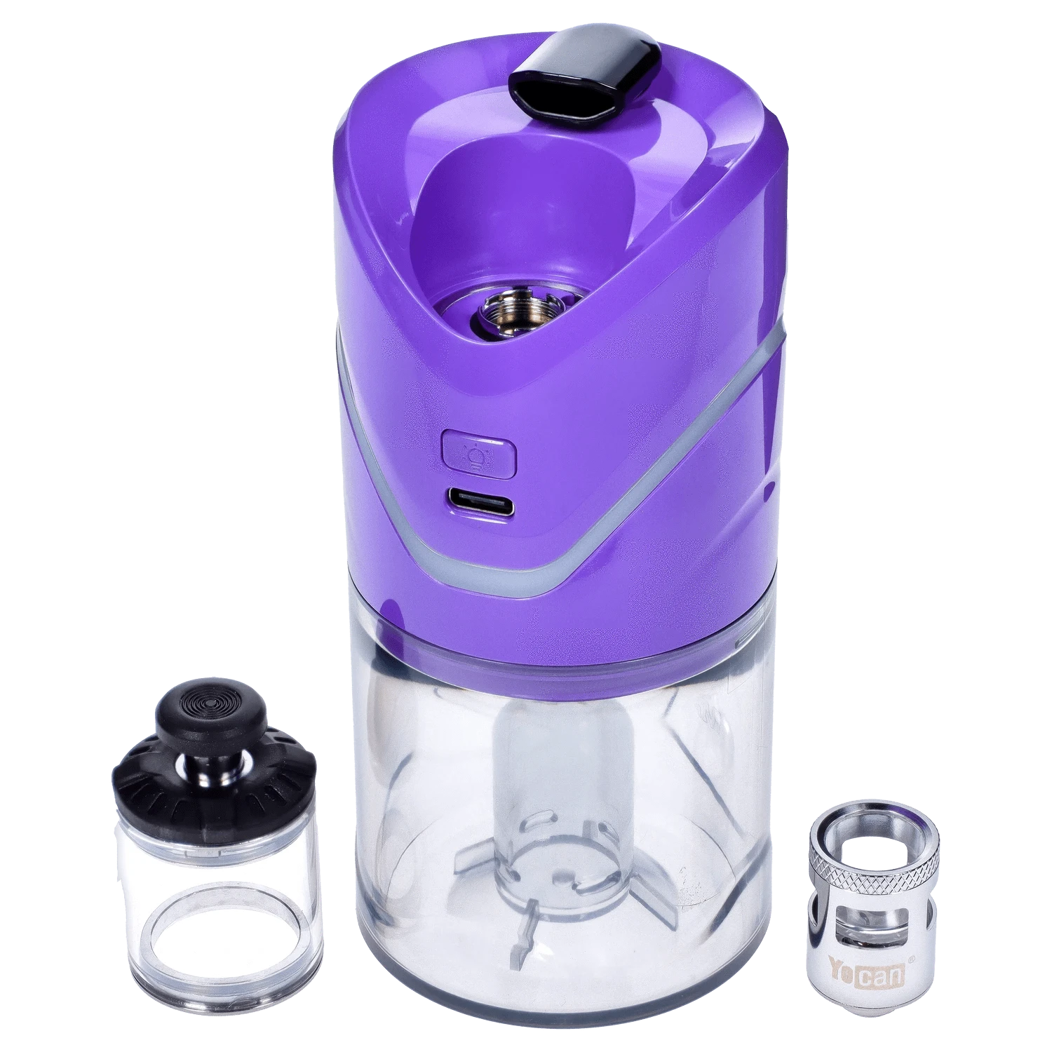 A studio shot of the purple Yocan iCan Kit, displaying its cylindrical glass chamber and detachable top cap against a plain white backdrop.