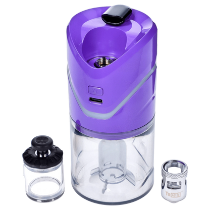 A studio shot of the purple Yocan iCan Kit, displaying its cylindrical glass chamber and detachable top cap against a plain white backdrop.