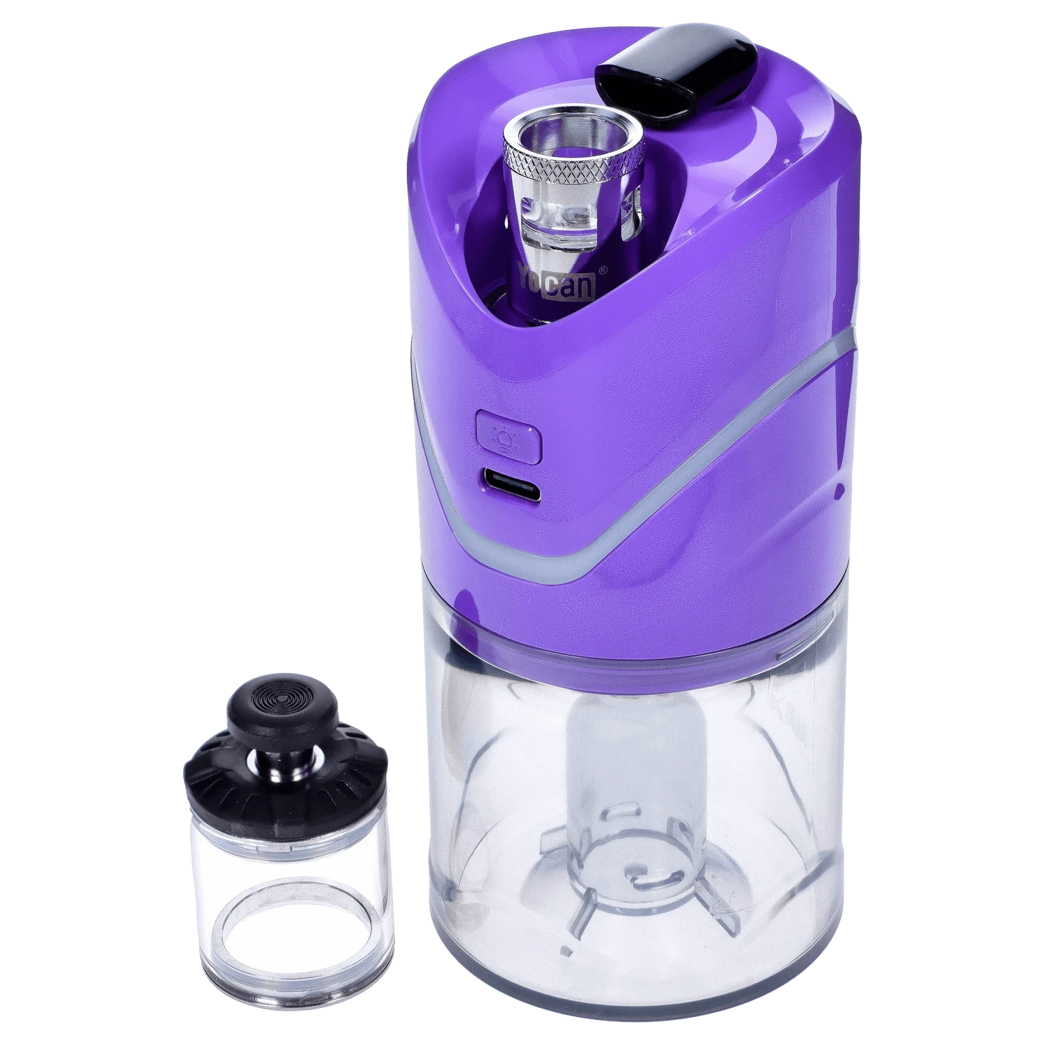 A front view of the purple Yocan iCan Kit shows the clear glass base and detachable components against a plain white background.