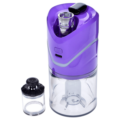 A front view of the purple Yocan iCan Kit shows the clear glass base and detachable components against a plain white background.