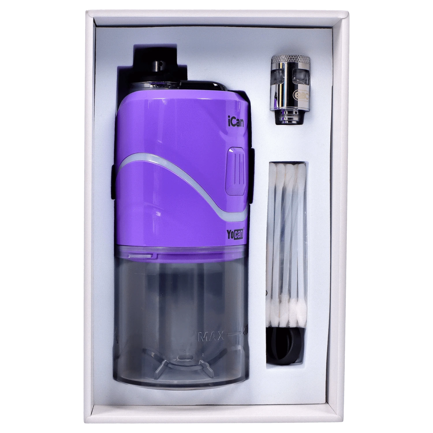Front view of the Yocan iCan Kit in purple, displaying the device’s sleek design and metallic accents against a dark background.
