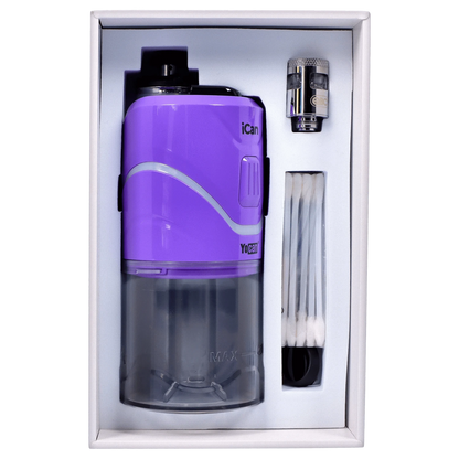 Front view of the Yocan iCan Kit in purple, displaying the device’s sleek design and metallic accents against a dark background.