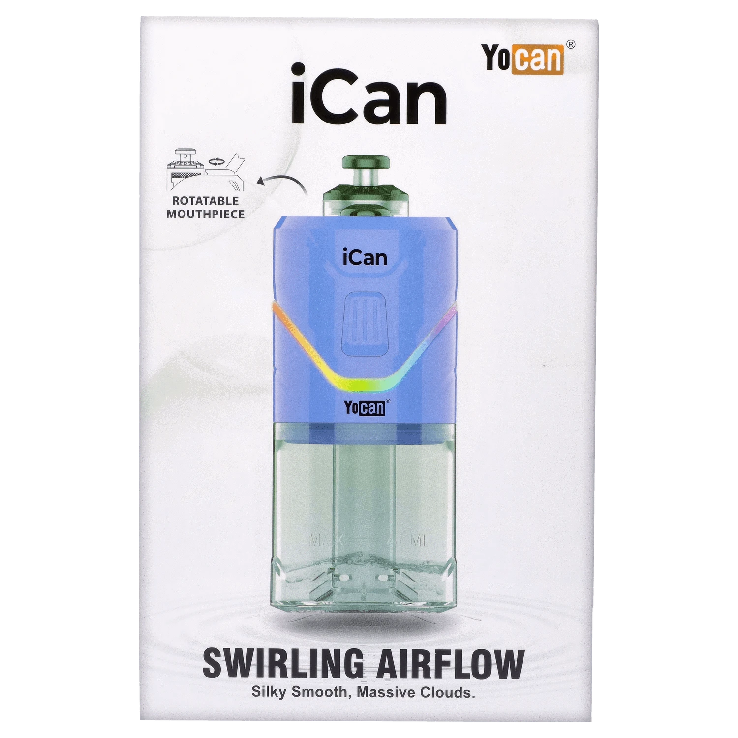 Front view of the purple Yocan iCan Kit, showing a sleek, compact device with a glossy finish.