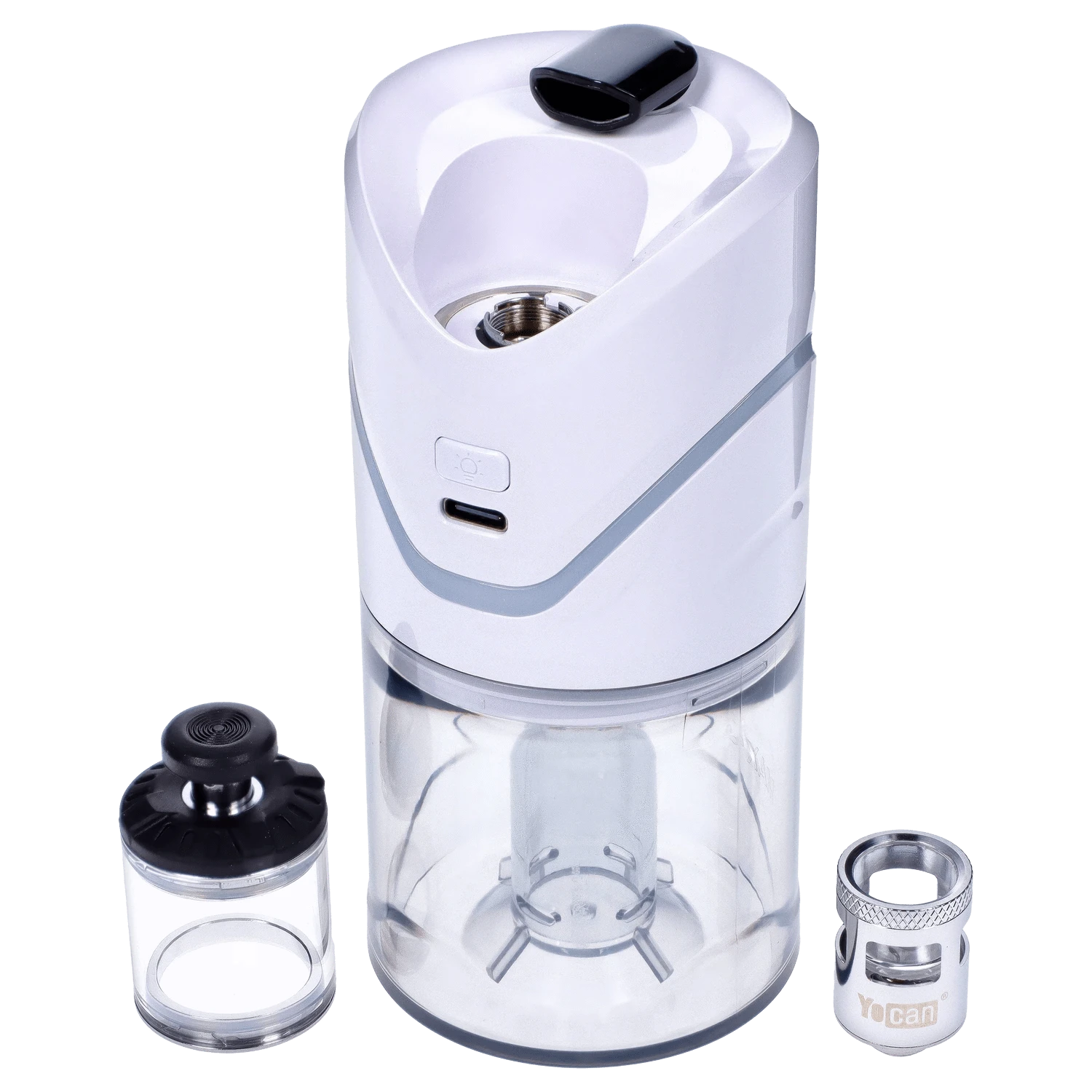 Front view of the white Yocan iCan Kit, showcasing the clear glass tank and detachable mouthpiece against a plain background.