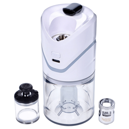 Front view of the white Yocan iCan Kit, showcasing the clear glass tank and detachable mouthpiece against a plain background.