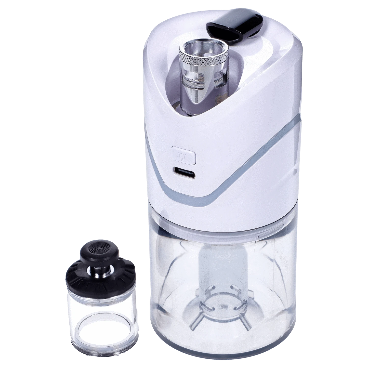 Front view of the white Yocan iCan Kit, showing its clear glass tank and sleek, compact design.